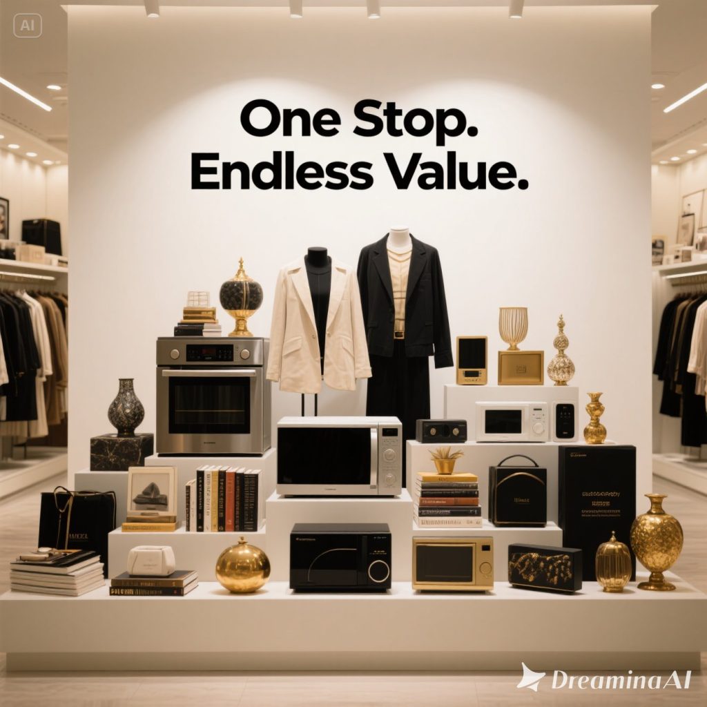Illustration of a modern shopping experience offering one-stop convenience and endless value