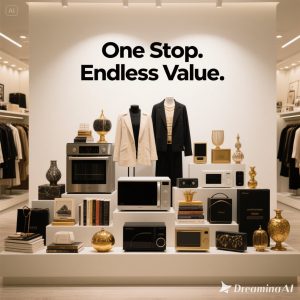 Illustration of a modern shopping experience offering one-stop convenience and endless value