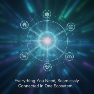 Futuristic smart technology ecosystem with connected devices, cloud networks, and data flow representing seamless digital integration.