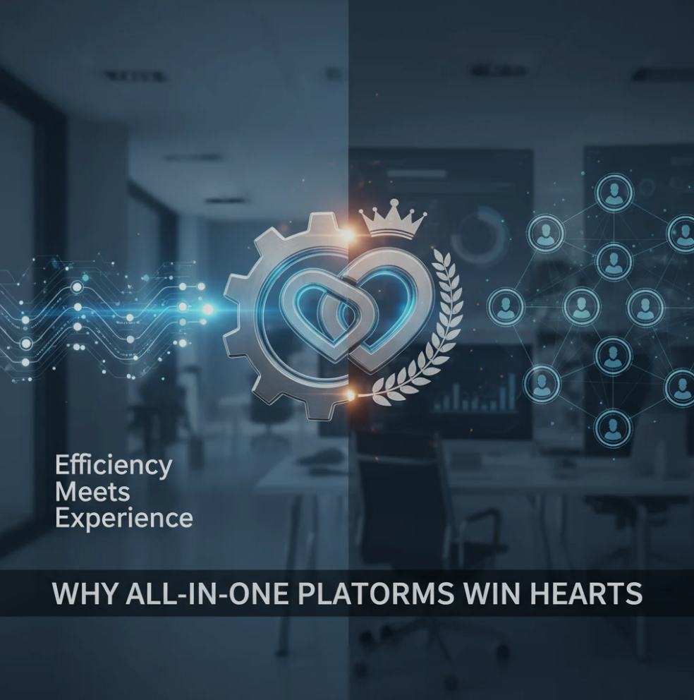 Illustration of multiple business tools integrated into a single all-in-one platform