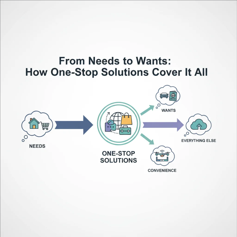 One-stop solutions providing products and services to cover both needs and wants.