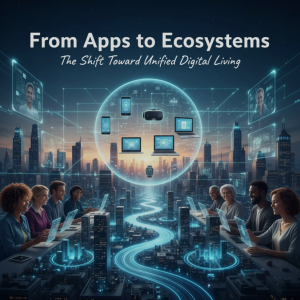 A person surrounded by interconnected digital devices representing a seamless smart ecosystem.