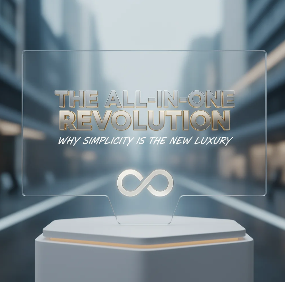 Modern minimalist workspace showcasing an all-in-one device and sleek design elements representing simplicity as luxury