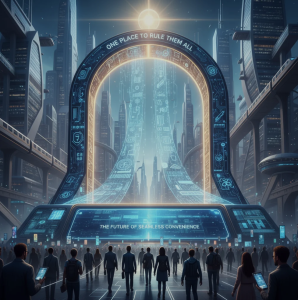 Futuristic digital interface showcasing multiple services unified into one platform, symbolizing seamless convenience and all-in-one solutions