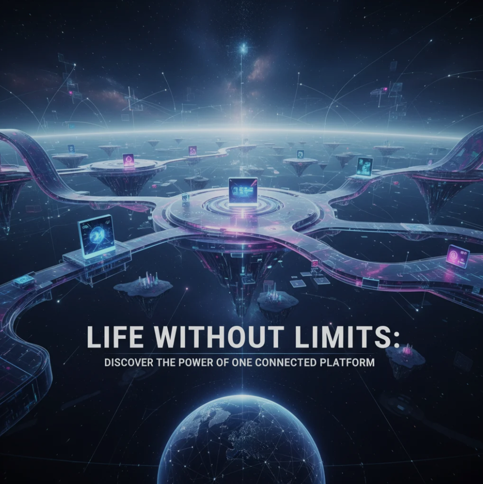 Minimalist digital interface showing multiple apps unified into one connected platform, symbolizing seamless integration and modern convenience