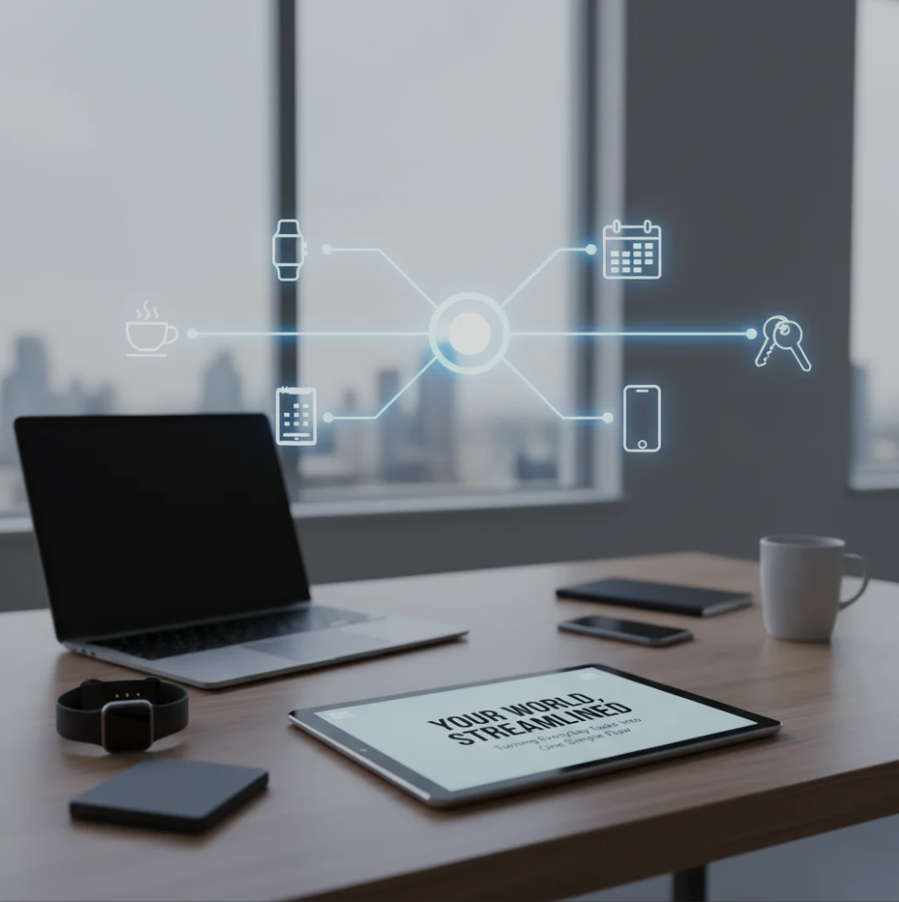 A clean digital workspace with organized tools and icons flowing smoothly from one task to another.