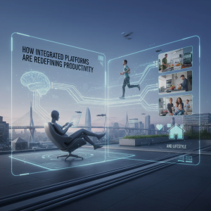 A digital workspace dashboard showing interconnected tools, analytics, and collaboration features on multiple devices.