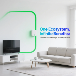 Illustration of a connected lifestyle tech ecosystem integrating devices, apps, and smart services