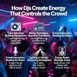 DJ performing live with an energized crowd reacting to music and lighting