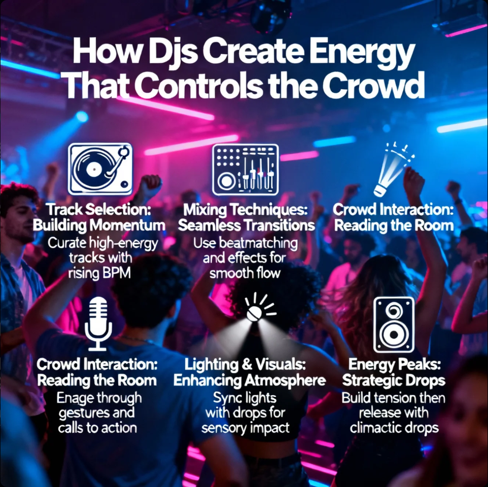 DJ performing live with an energized crowd reacting to music and lighting